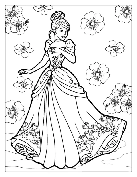 Cinderellas eleganta klänning omges av blommor.