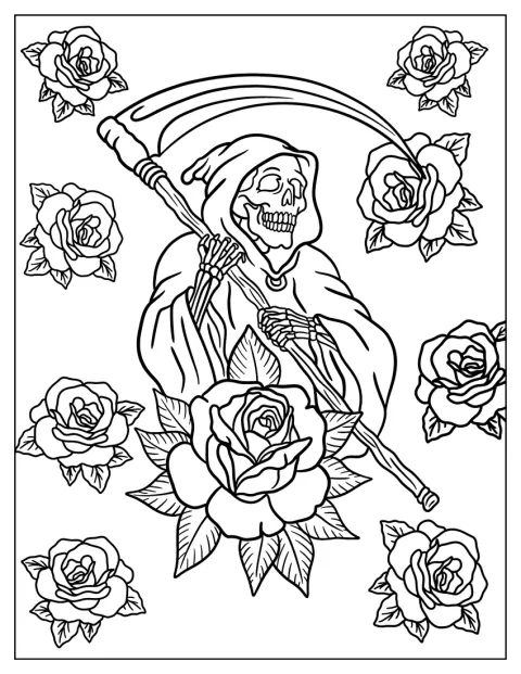 La Parca aparece rodeada de rosas.