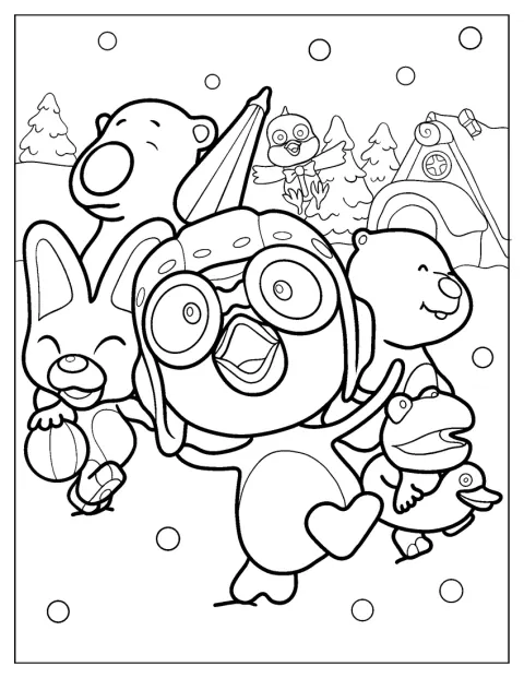 Pororo, Eddy, Poby, Loopy és Crong együtt játszik a hóban.
