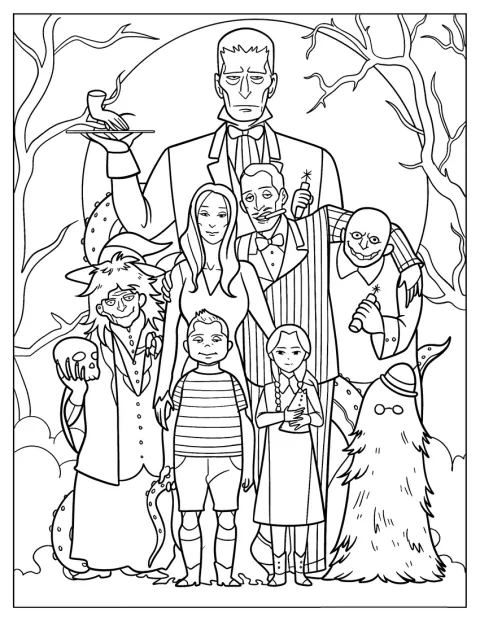 Zwischen Grabsteinen steht die cartoonhafte Addams Family auf einem Friedhof.