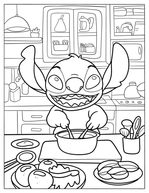 Stitch remue joyeusement une casserole dans la cuisine.