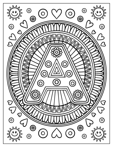 Des cœurs, des soleils et des fleurs décorent la lettre A en mandala.