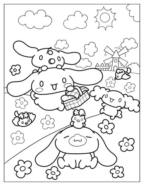 Cinnamoroll Coloring Page of Cinnamon With Milky And Chiffon In Farm