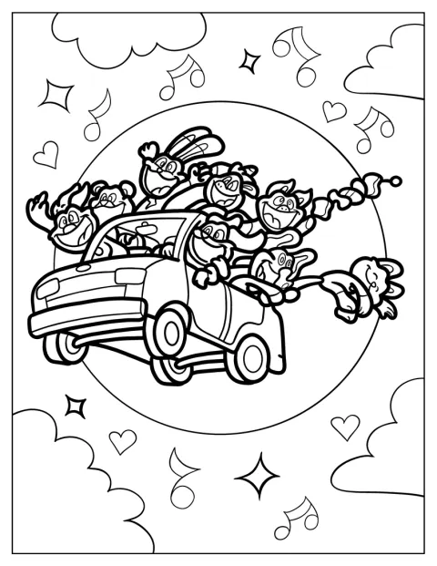 Los Smiling Critters viajan en un coche volador.