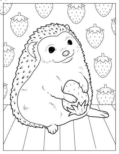 Der lächelnde Igel hält eine Erdbeere in den Pfoten.