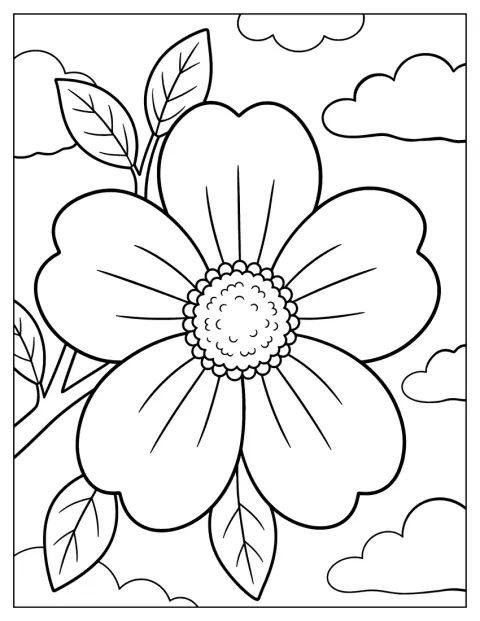 Une fleur de cerisier épanouie accompagne plusieurs feuilles.