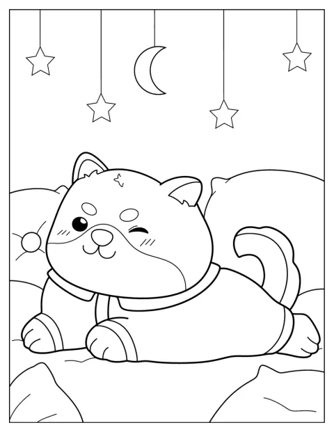 Um Shiba Inu vestido de pijama está sentado.
