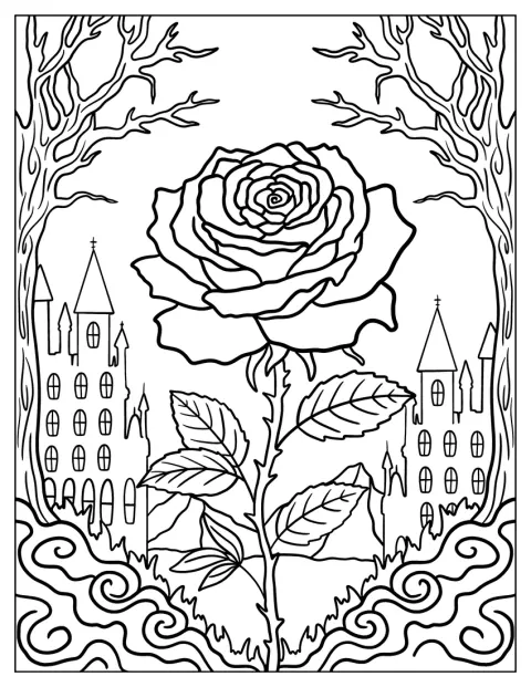 Una rosa solitaria aparece ante castillos y árboles secos.