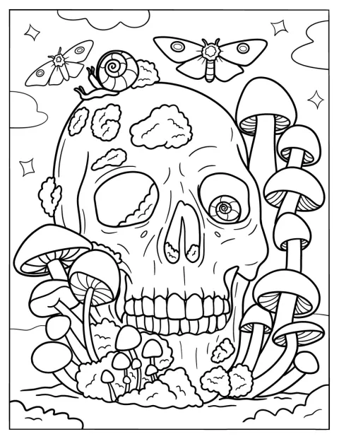 Mushroom Coloring Page Growing Around A Skull