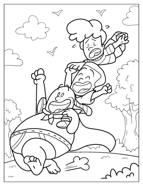 Harold und George reiten auf den Schultern von Captain Underpants.