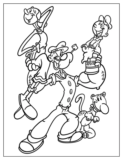 Popeye transporta Swee Pea, Eugene e Olive Oyl.