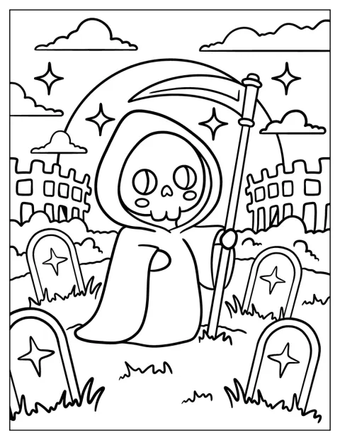 Au cimetière, la Faucheuse se tient sous une pleine lune scintillante.