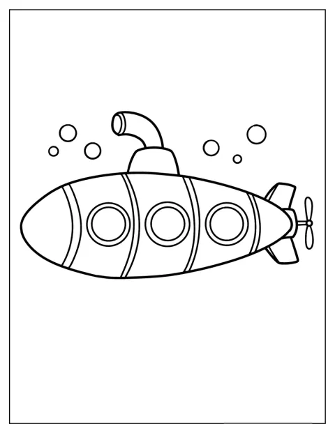 簡単な形の潜水艦が、海中で泡を出しています。