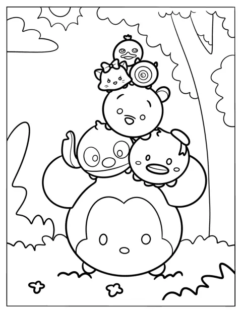 Mickey, Stitch, Donald Duck en andere Tsum Tsum-figuren vormen samen een piramide.