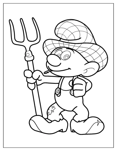 En søt smurfebonde står med arbeidsklær og redskaper.