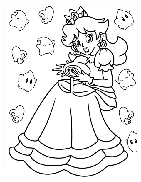 Prinzessin Daisy und Luma stehen vor einem Hintergrund voller Herzen.
