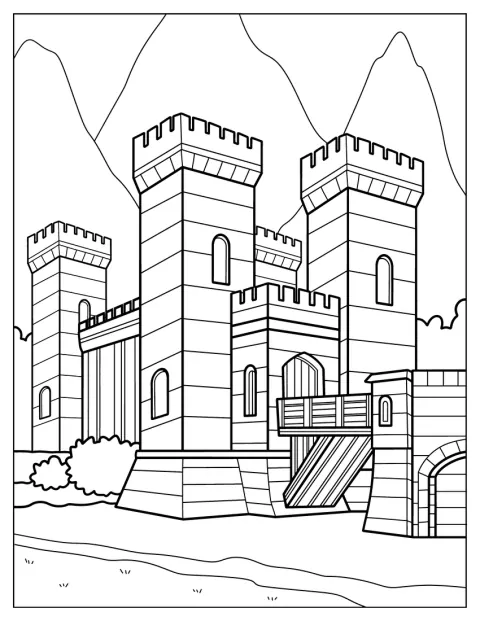Um grande castelo com várias torres ocupa o canto da imagem.