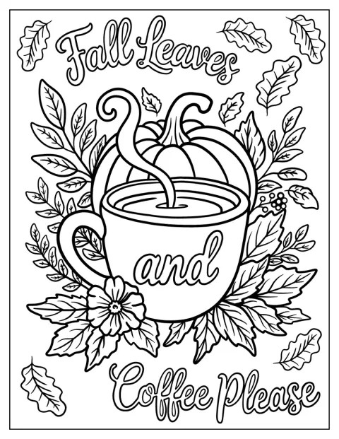 Eine dampfende Kaffeetasse ist von einem Kürbis und herbstlichen Blättern umgeben.