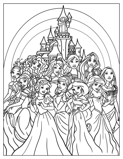 Mai multe prințese Disney se află în fața castelului Walt Disney.