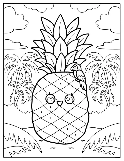 Een schattige ananas en een papegaai staan in een tropische jungle.