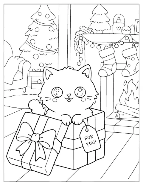 Am Kamin lugt ein Kätzchen aus einem geöffneten Weihnachtsgeschenk.