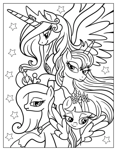 As princesas Celestia, Luna, Cadance e Twilight Sparkle aparecem juntas.
