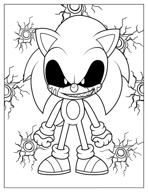 Sonic Exe in versione chibi posa davanti a un muro danneggiato.