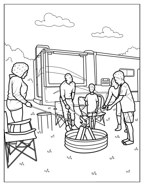 Kampeerders bereiden s'mores boven een kampvuur.