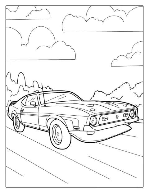 Amerykański Mustang z epoki muscle carów jedzie przed siebie.