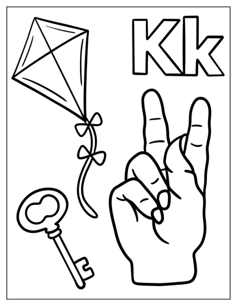 Una mano forma la letra K en lengua de signos junto a una llave y una cometa.