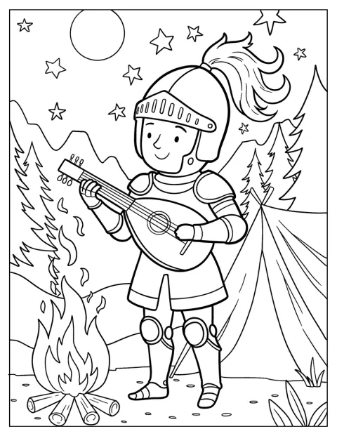 Unter dem Sternenhimmel spielt ein Ritter Kindern am Lagerfeuer Gitarre.