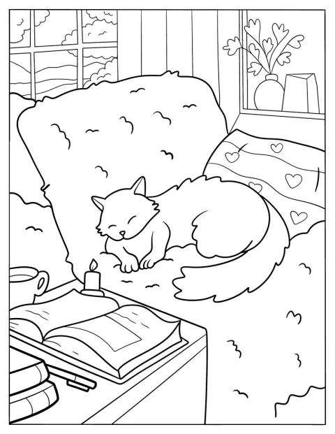 En lodden katt sover på sofaen i en lun stue.