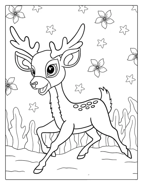Un cerb simpatic din desene animate stă într-o poiană.