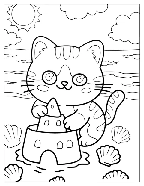 En leken katt bygger et sandslott på stranden.