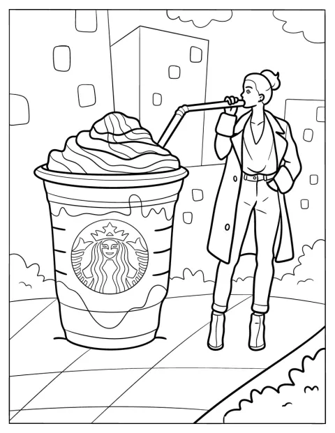 Woman Drinking From A Massive Starbucks Coloring Page Of Cup