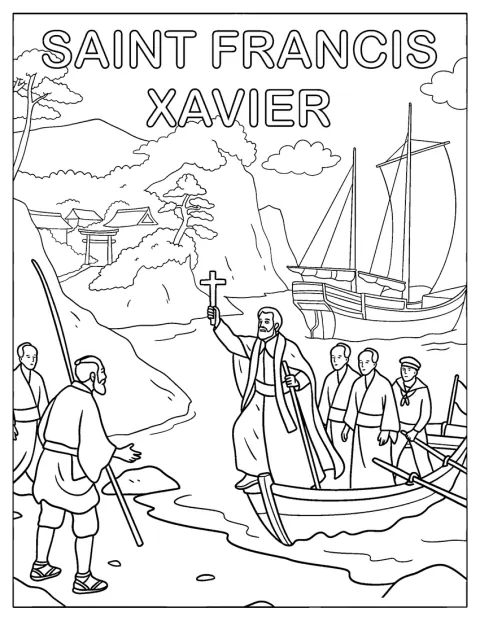 Sur une rive japonaise, saint François-Xavier brandit une croix.