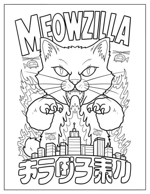 Den frygtindgydende kat Meowzilla angriber byen, mens flammer rejser sig omkring den.