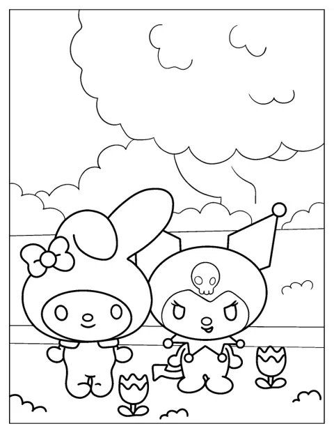 My Melody és Kuromi együtt sétál a kertben.