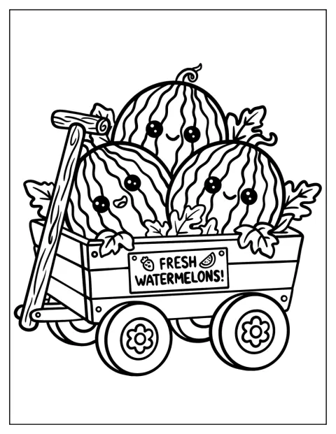 Trois pastèques sont installées dans un chariot rempli de fruits frais.