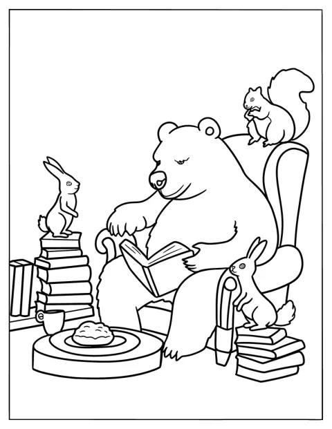Karhu lukee kirjaa eläinystävilleen viihtyisässä nurkkauksessa.