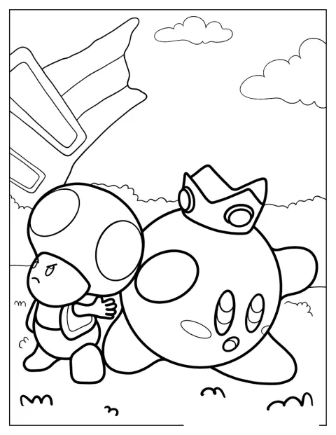 Kirby, Toad i Mario stoją razem w świecie Super Mario Bros.
