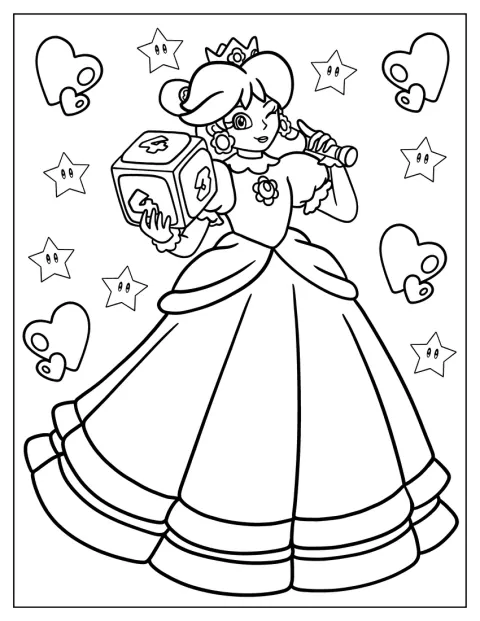 Princess Daisy Coloring Page Holding Block And Baseball Bat