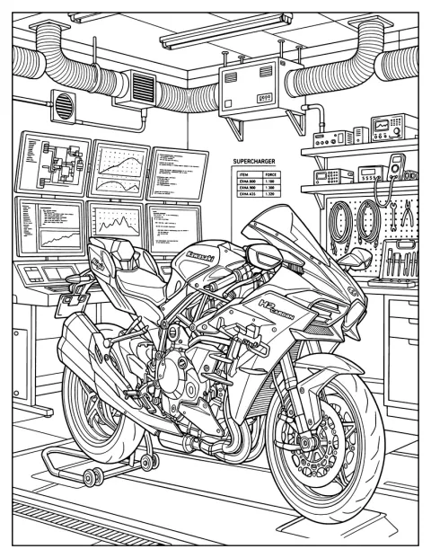 Ein Sportmotorrad steht in einer professionellen Werkstatt für den Rennsport.