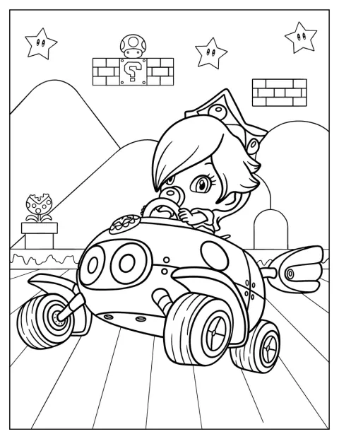 Malá princezna Rosalina sedí v motokáře ze hry Mario Kart.