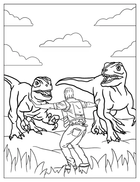 Un cuidador de Jurassic World está junto a varios velocirraptores.