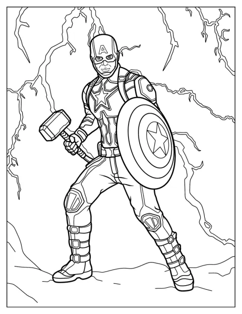 Captain America hält Thors Hammer, während Blitze um ihn herum zucken.
