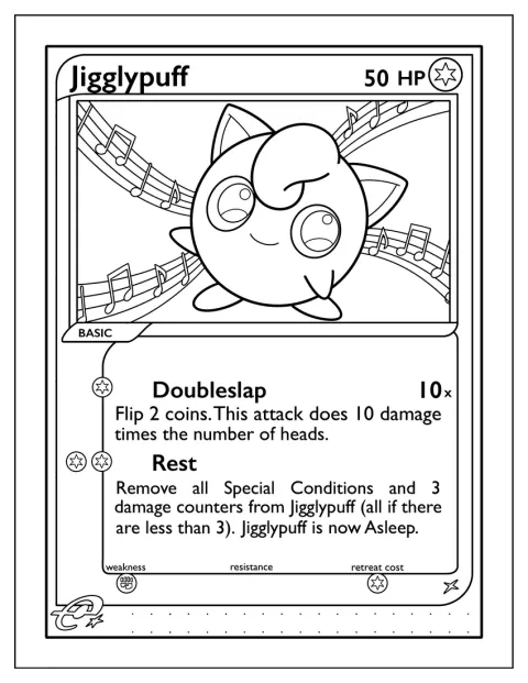 Jigglypuff je zachycen na kartě s útokem Double Slap.