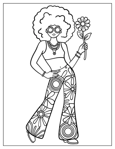Une fille hippie aux cheveux afro, lunettes rétro et pantalon fleuri tient une fleur.