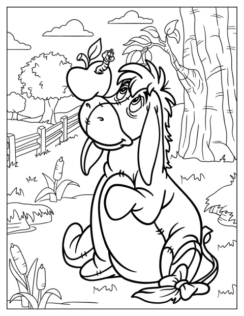 En orm kravler ud af æblet, som Eeyore balancerer på næsen.