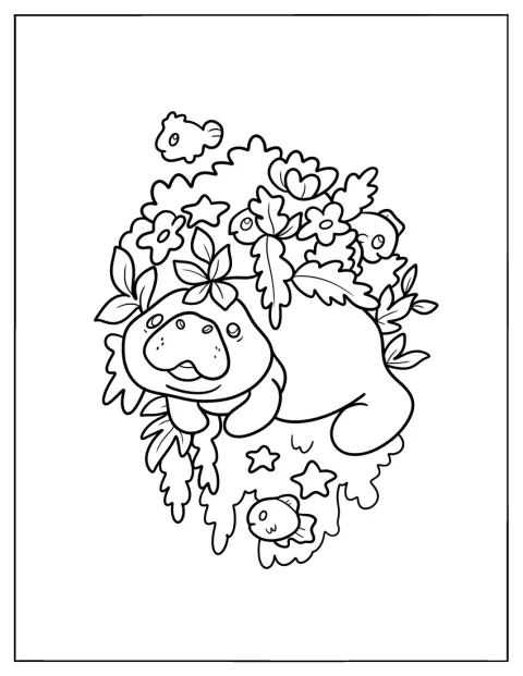 Un lamantin înoată printre alge marine și pești.